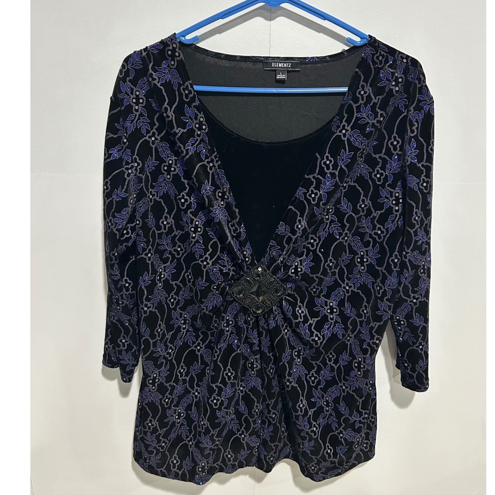 Black Blue Glitter Floral Embellished Top Large Festive Fall Shimmer Holiday